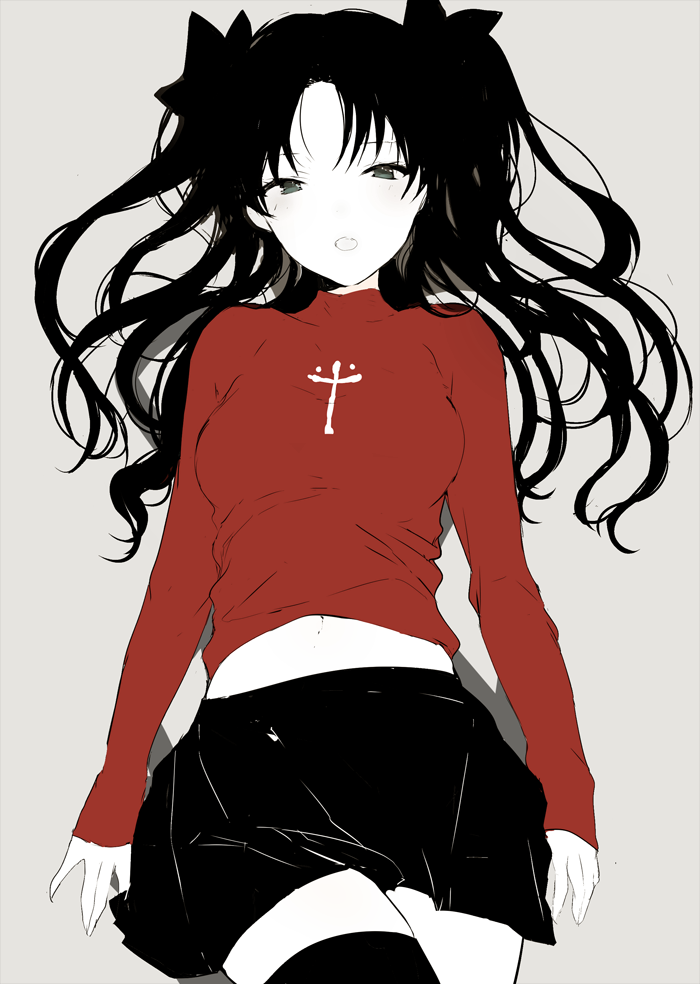 1girl :o arms_at_sides bangs black_hair black_legwear black_skirt breasts cross crossed_legs fate/stay_night fate_(series) green_eyes grey_background half-closed_eyes limited_palette long_hair long_sleeves looking_at_viewer lpip lying medium_breasts midriff navel on_back open_mouth pale_skin parted_bangs pleated_skirt red_sweater simple_background skirt solo stomach thigh-highs toosaka_rin twintails zettai_ryouiki