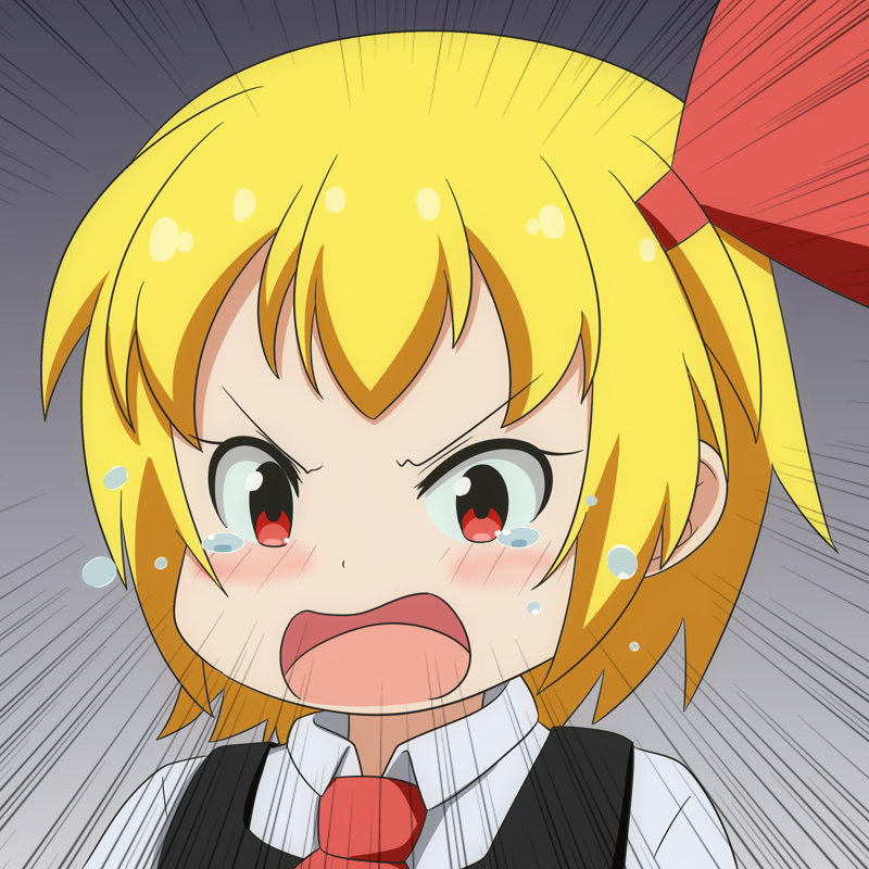 1girl angry blonde_hair blush cato_(monocatienus) commentary_request emphasis_lines gradient gradient_background grey_background hair_ribbon looking_at_viewer necktie open_mouth red_eyes red_necktie ribbon rumia short_hair solo tears touhou upper_body