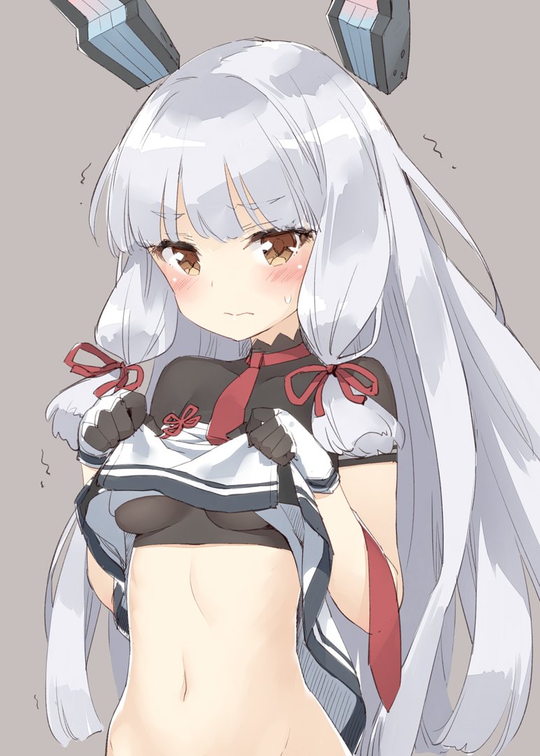 1girl bangs blush breasts brown_eyes closed_mouth collarbone commentary_request cowboy_shot dress dress_lift eyebrows eyebrows_visible_through_hair fingerless_gloves gloves grey_background grey_hair hair_ribbon headgear kantai_collection lifted_by_self long_hair looking_at_viewer low-cut murakumo_(kantai_collection) navel necktie no_panties peko red_necktie red_ribbon remodel_(kantai_collection) ribbon sidelocks simple_background small_breasts solo stomach strapless strapless_dress sweat trembling tress_ribbon under_boob white_gloves