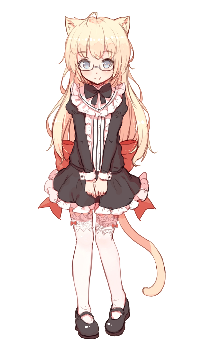 1girl animal_ears blonde_hair cat_ears cat_tail dress fang_out frilled_dress frills glasses grey_eyes highres long_hair original shone smile tail thigh-highs