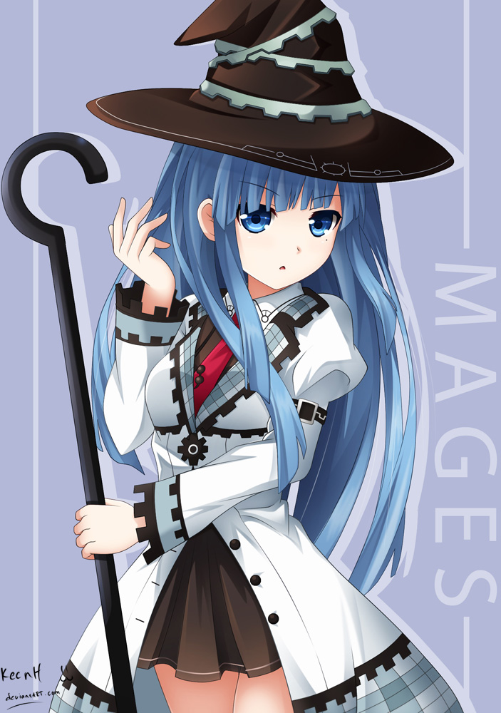 1girl blue_eyes blue_hair hair_ornament hat keenh long_hair looking_at_viewer mages. mole mole_under_eye neptune_(series) open_mouth solo staff