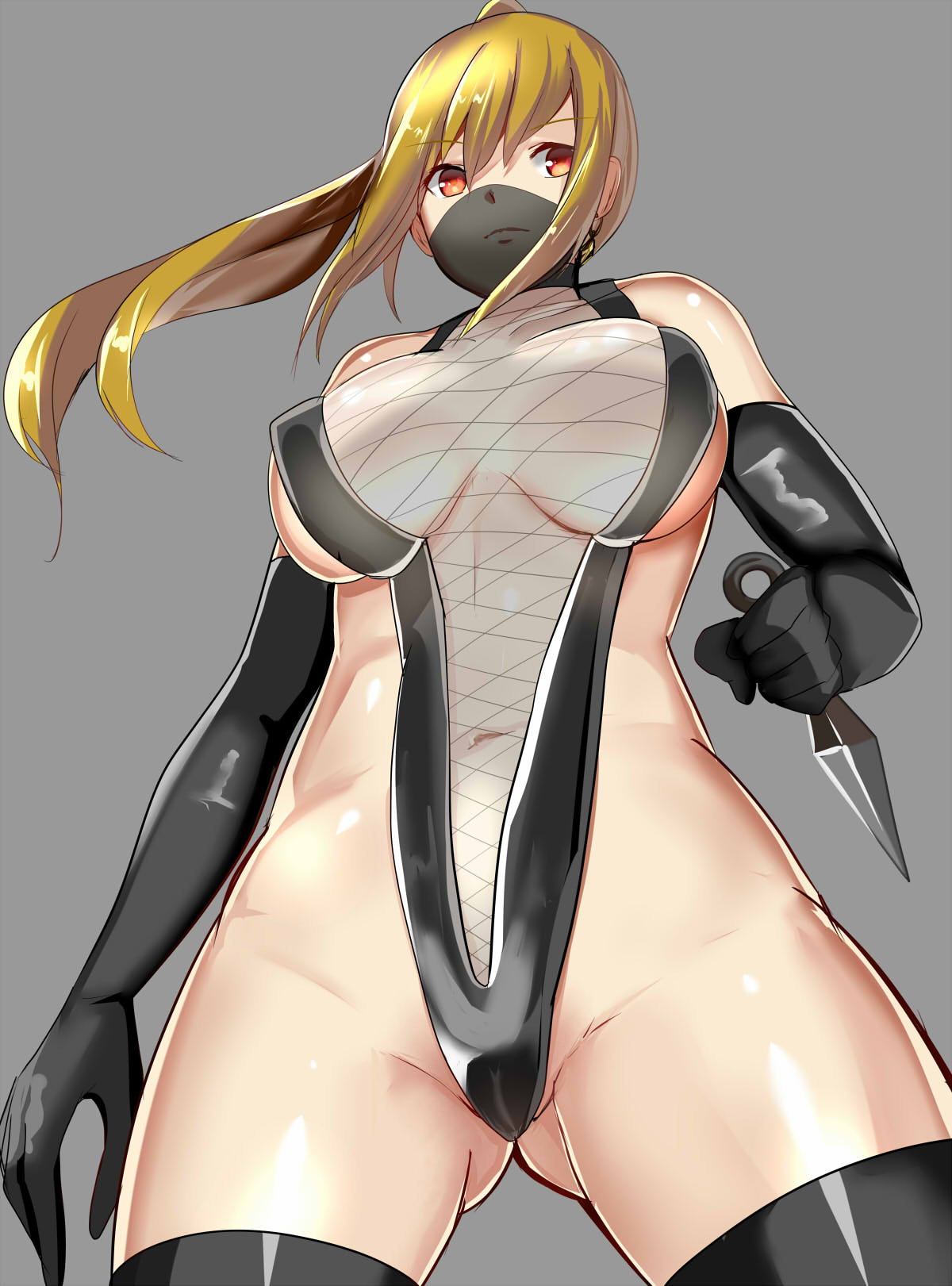 1girl ass_visible_through_thighs black_gloves blonde_hair breasts earrings elbow_gloves fishnets from_below gloves highres hizagawa_rau jewelry kunai large_breasts long_hair mask navel ninja original ponytail red_eyes revealing_clothes solo standing weapon