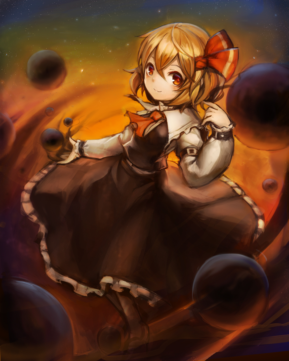 1girl ascot belt black_skirt blonde_hair blush closed_mouth commentary_request darkness hair_between_eyes hair_ribbon highres long_sleeves looking_at_viewer red_eyes red_ribbon ribbon rumia shoes short_hair skirt skirt_set sky smile solo spark621 star_(sky) starry_sky touhou vest