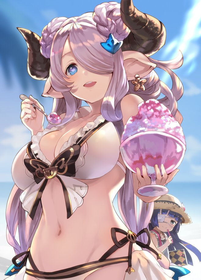 2girls bangs bare_shoulders bikini blue_eyes blue_hair blunt_bangs blush braid breasts cleavage day doraf double_bun earrings eyepatch frilled_bikini frills giving granblue_fantasy green_eyes groin hair_ornament hair_over_one_eye hat heart heart-shaped_pupils horns jewelry large_breasts lavender_hair long_hair looking_at_another looking_at_viewer low-tied_long_hair low_twintails lunaru_(granblue_fantasy) multiple_girls narumeia_(granblue_fantasy) navel parted_lips pointy_ears shaved_ice shirabi_(life-is-free) side-tie_bikini smile spoon stomach straw_hat sun_hat swimsuit symbol-shaped_pupils twintails upper_body white_bikini