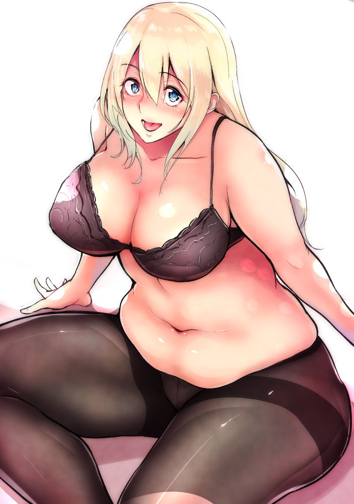 1girl atago_(kantai_collection) bifidus black_bra blonde_hair blue_eyes blush bra braid breasts cleavage commentary_request hair_between_eyes kantai_collection large_breasts long_hair looking_at_viewer navel open_mouth pantyhose plump shadow shiny shiny_skin sitting smile solo underwear white_background