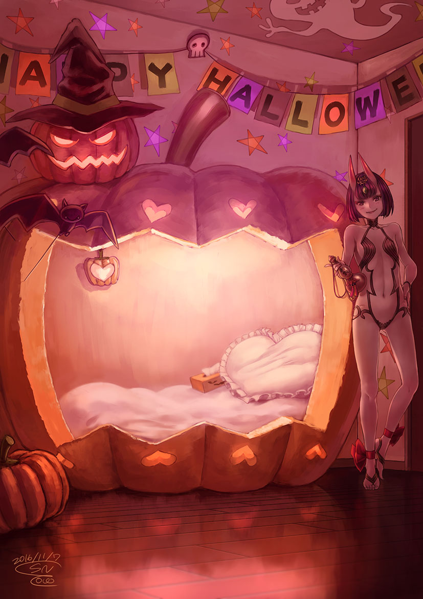 1girl artist_name ass_visible_through_thighs bare_shoulders bat bed bottle breasts e_snow_jp fate/grand_order fate_(series) halloween happy_halloween jack-o'-lantern leg_ribbon navel oni_horns open_mouth pillow pumpkin purple_hair revealing_clothes ribbon sake_bottle sandals short_hair shuten_douji_(fate/grand_order) skull small_breasts smile solo standing star tissue_box violet_eyes