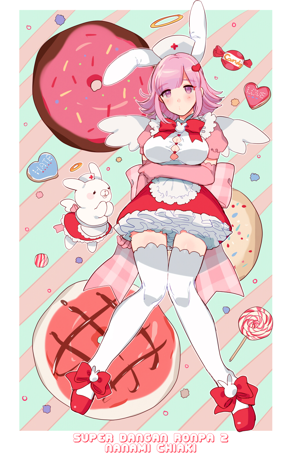 1girl animal_ears bangs blunt_bangs blush bow breast_hold breasts candy chocolate chocolate_heart cleavage_cutout commentary_request dangan_ronpa doughnut elbow_gloves food gloves hair_ornament halo hat heart heart_hair_ornament highres knees_together_feet_apart layered_skirt lollipop looking_at_viewer miyako_(xxxbibit) monomi_(dangan_ronpa) nanami_chiaki nurse_cap pink_gloves puffy_short_sleeves puffy_sleeves purple_hair rabbit rabbit_ears red_shoes shoe_bow shoes short_sleeves sidelocks solo striped striped_background super_dangan_ronpa_2 swept_bangs swirl_lollipop thigh-highs two-tone_background violet_eyes white_legwear wings zettai_ryouiki
