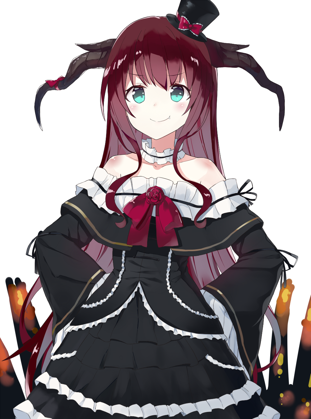 1girl bare_shoulders black_dress blush bow brown_hair dress fang fang_out flower frilled_dress frills green_eyes hands_on_hips hat highres horns long_hair mini_hat mini_top_hat original red_bow rose shikuro_(iorimiyakiyo) simple_background solo top_hat