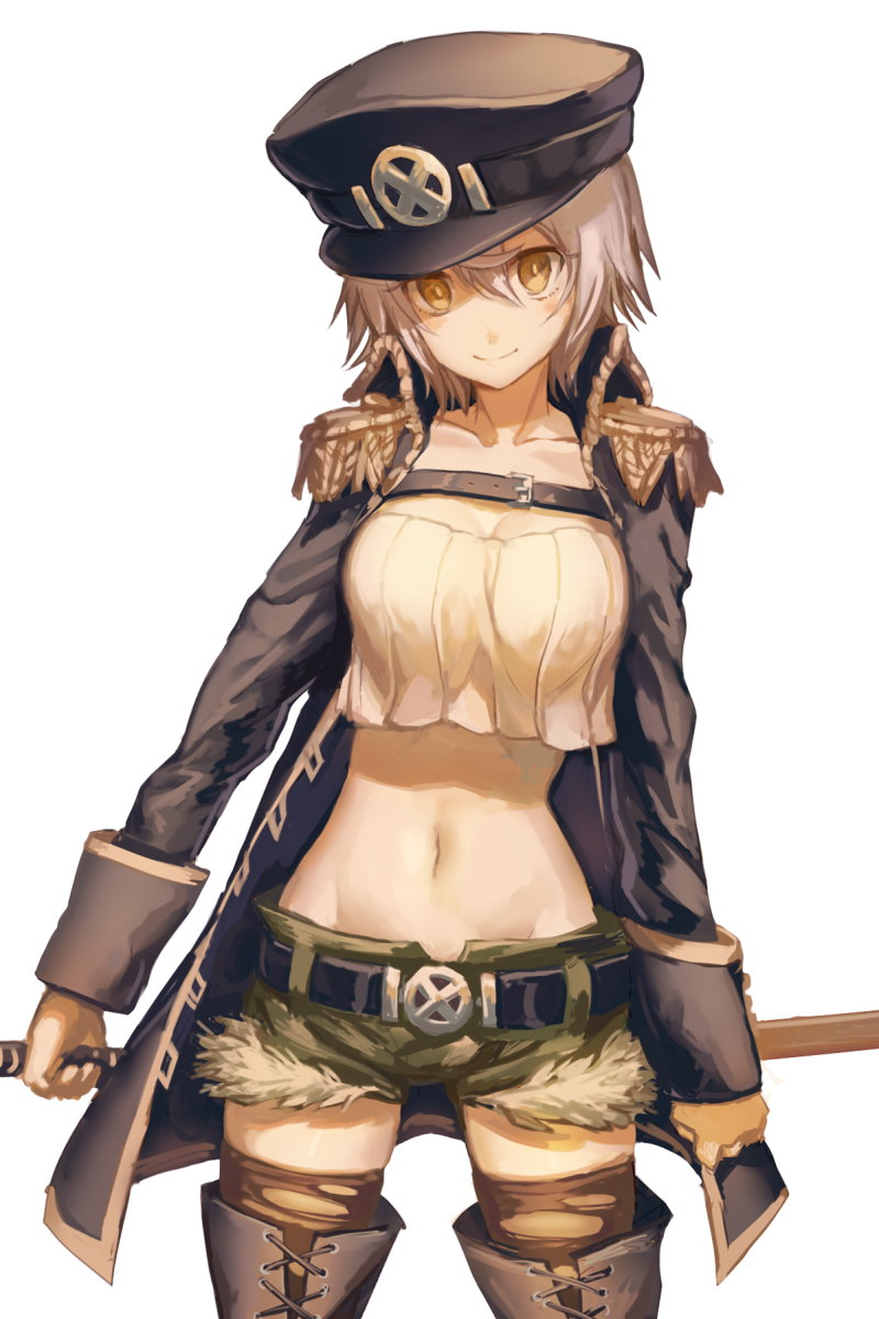 1girl belt breasts brown_legwear cleavage collarbone crop_top crop_top_overhang epaulettes groin hair_between_eyes hat highres kikugetsu large_breasts long_sleeves looking_at_viewer military military_uniform navel open_clothes original peaked_cap short_hair short_shorts shorts silver_hair smile solo stomach thigh-highs torn_clothes torn_thighhighs uniform white_background yellow_eyes