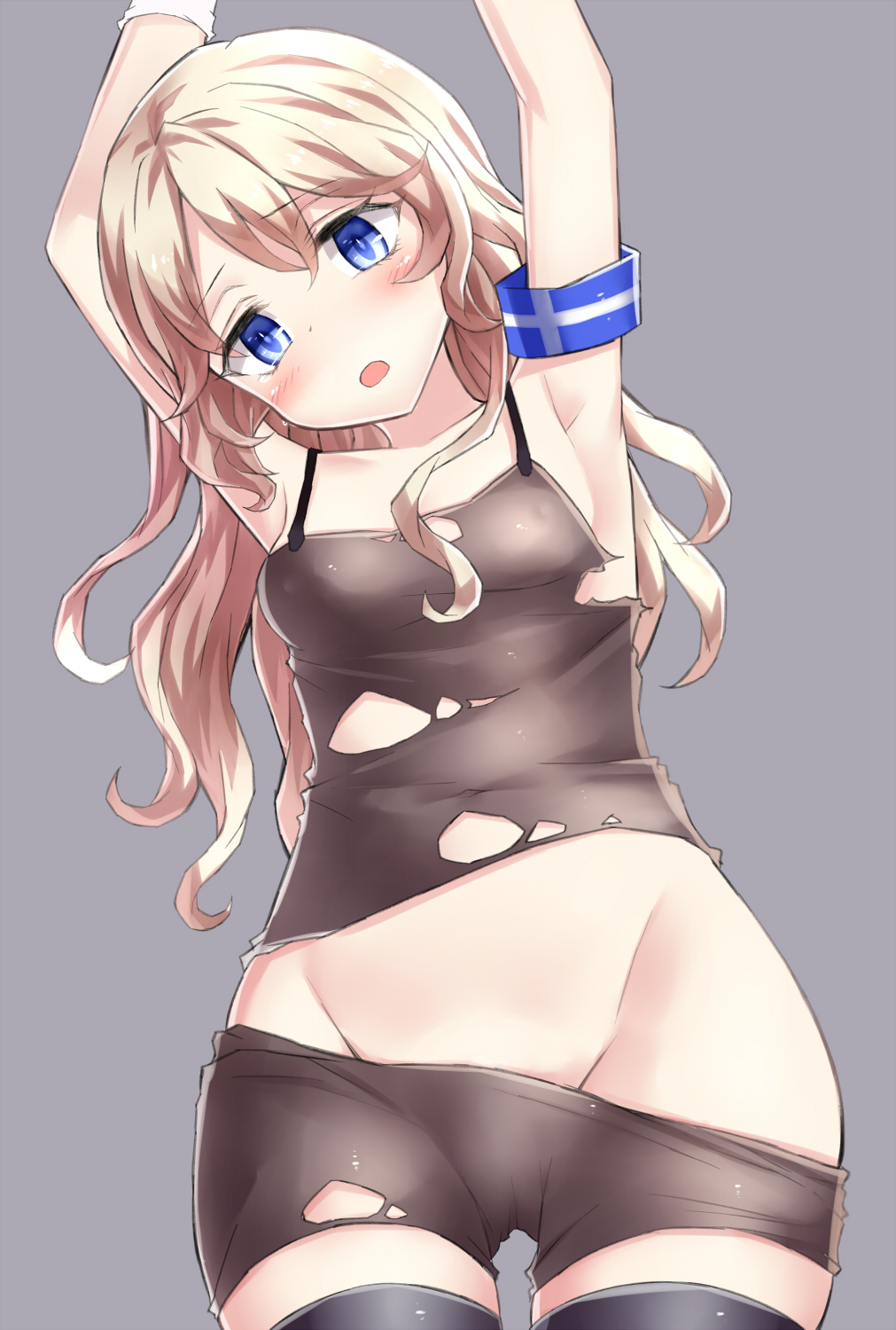 1girl armband arms_up blonde_hair blue_eyes blush breasts camisole commentary_request gloves highres looking_at_viewer navel neit_ni_sei open_mouth original small_breasts thigh-highs torn_clothes underwear