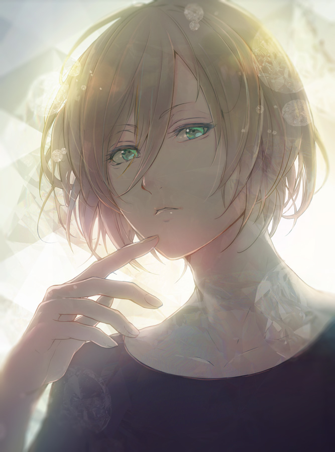 1boy backlighting bangs blonde_hair collarbone eyebrows eyebrows_visible_through_hair eyelashes finger_to_face green_eyes hair_between_eyes lens_flare looking_at_viewer male_focus parted_lips rayu solo upper_body yuri!!!_on_ice yuri_plisetsky