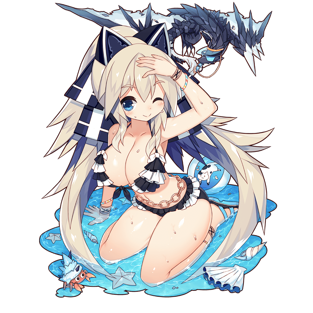 1girl animal_ears anklet arm_at_side arm_up bikini blue_eyes bracelet breasts cat_ears crab dragon eyebrows eyebrows_visible_through_hair fake_animal_ears frilled_bikini frills hand_on_own_head jewelry large_breasts looking_at_viewer mamuru official_art one_eye_closed seashell shell sitting smile starfish swimsuit transparent_background uchi_no_hime-sama_ga_ichiban_kawaii wading wariza water wet whistle