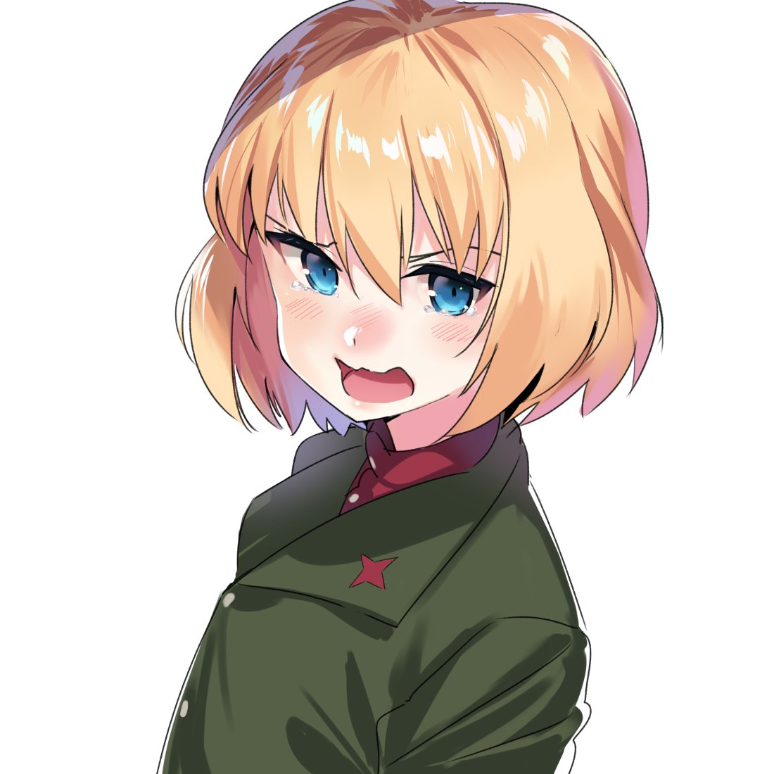 1girl bangs blonde_hair blue_eyes blush girls_und_panzer green_jacket jacket katyusha kerorira looking_at_viewer open_mouth portrait red_shirt school_uniform shirt short_hair simple_background sketch solo tearing_up turtleneck wavy_mouth white_background