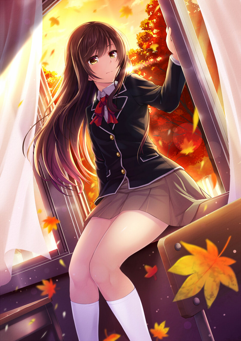 1girl autumn_leaves blazer blurry bow brown_hair clouds depth_of_field dutch_angle expressionless jacket kneehighs leaf long_hair maple_leaf noe_noel original school_uniform sky solo sunset wind window