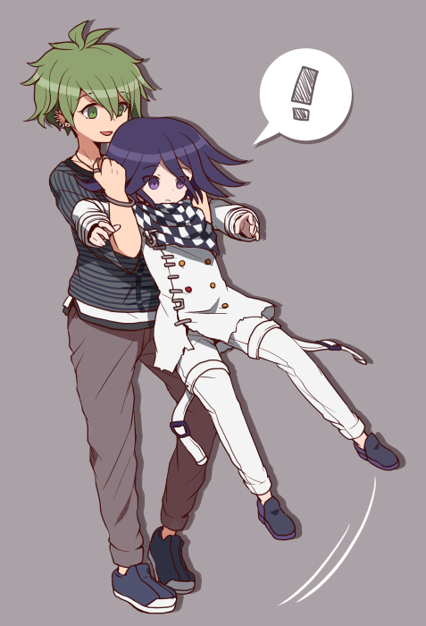 ! 2boys amami_rantarou armlock bandana bracelet checkered dangan_ronpa double-breasted earrings eyebrows eyebrows_visible_through_hair full_body green_eyes green_hair jewelry lifting lifting_person looking_at_another looking_down male_focus multiple_boys new_dangan_ronpa_v3 oie13 ouma_kokichi pale_skin purple_background purple_hair ring shirt simple_background smile spoken_exclamation_mark straitjacket striped striped_shirt violet_eyes