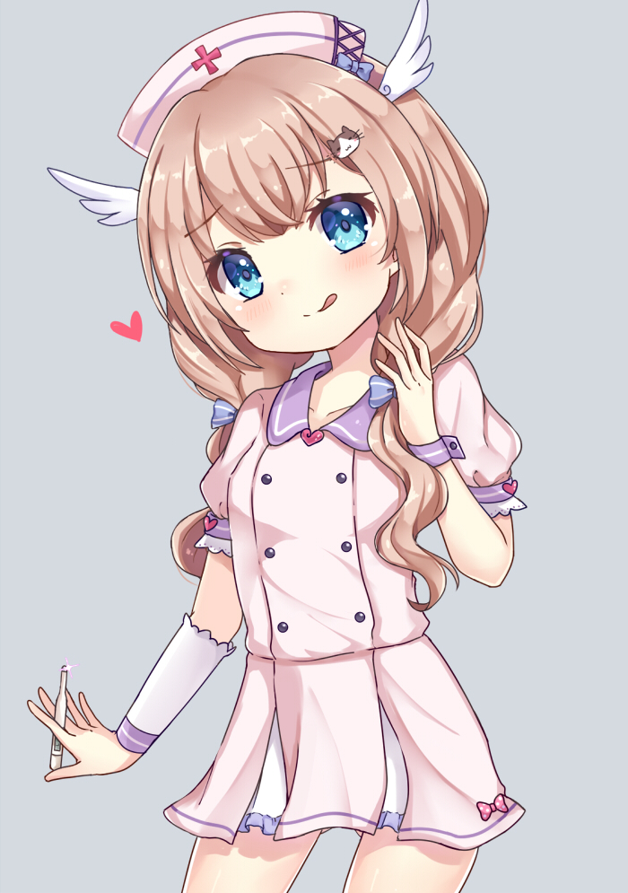 1girl :p blue_eyes brown_hair child dress hat head_wings long_hair nurse nurse_cap original pink_dress ribbon short_dress smile solo sunameri_(pixiv3564245) thermometer tongue tongue_out twintails