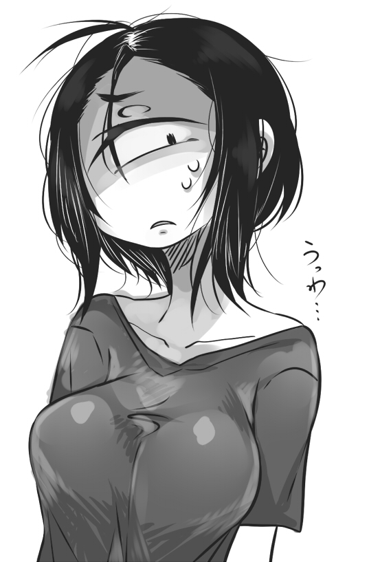 1girl black_hair breasts collarbone cyclops d: greyscale hair_over_one_eye large_breasts monochrome muroku_(aimichiyo0526) one-eyed open_mouth original shaded_face shirt short_hair short_sleeves simple_background solo sweatdrop upper_body white_background