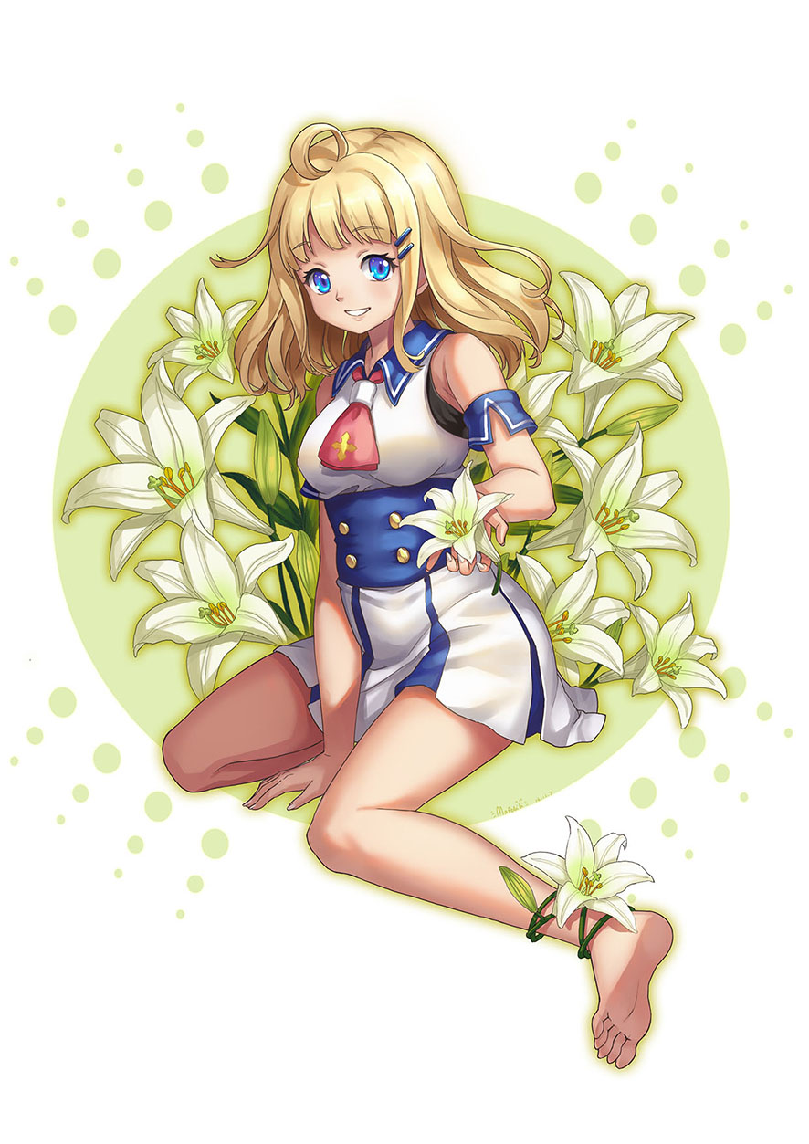 1girl ahoge anklet bare_legs bare_shoulders barefoot blonde_hair blue_eyes dress feet flower hair_ornament hairclip highres holding holding_flower jewelry lily_(flower) long_hair mafelili smile soles solo toes