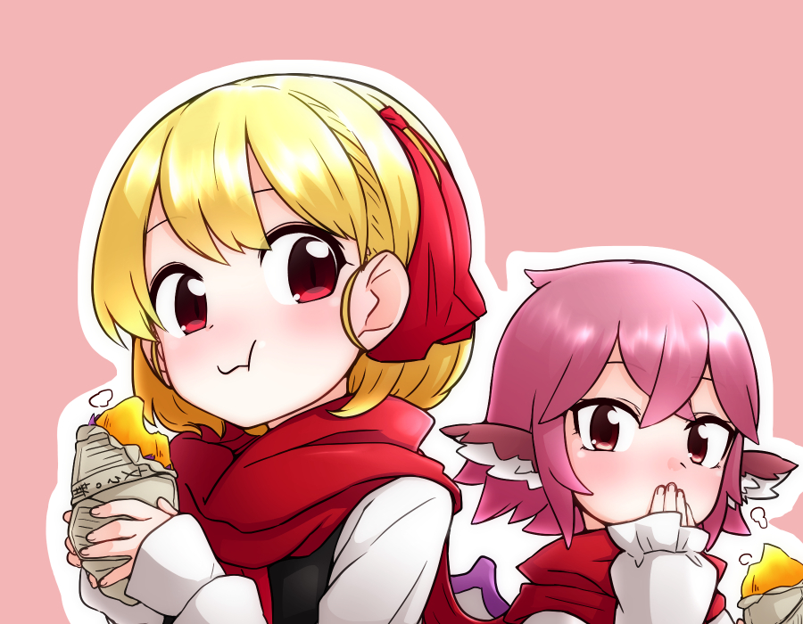 2girls animal_ears covering_mouth eating food hair_ribbon kameyan multiple_girls mystia_lorelei pink_hair red_eyes ribbon rumia scarf short_hair steam sweet_potato touhou