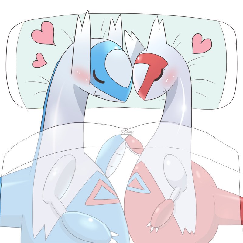 1boy 1girl artist_request bed bed_sheet blush claws closed_eyes couple from_above furry hand_holding happy heart interlocked_claws latias latios lying nintendo no_humans on_side pillow pokemon pokemon_(creature) see-through sleeping smile under_covers
