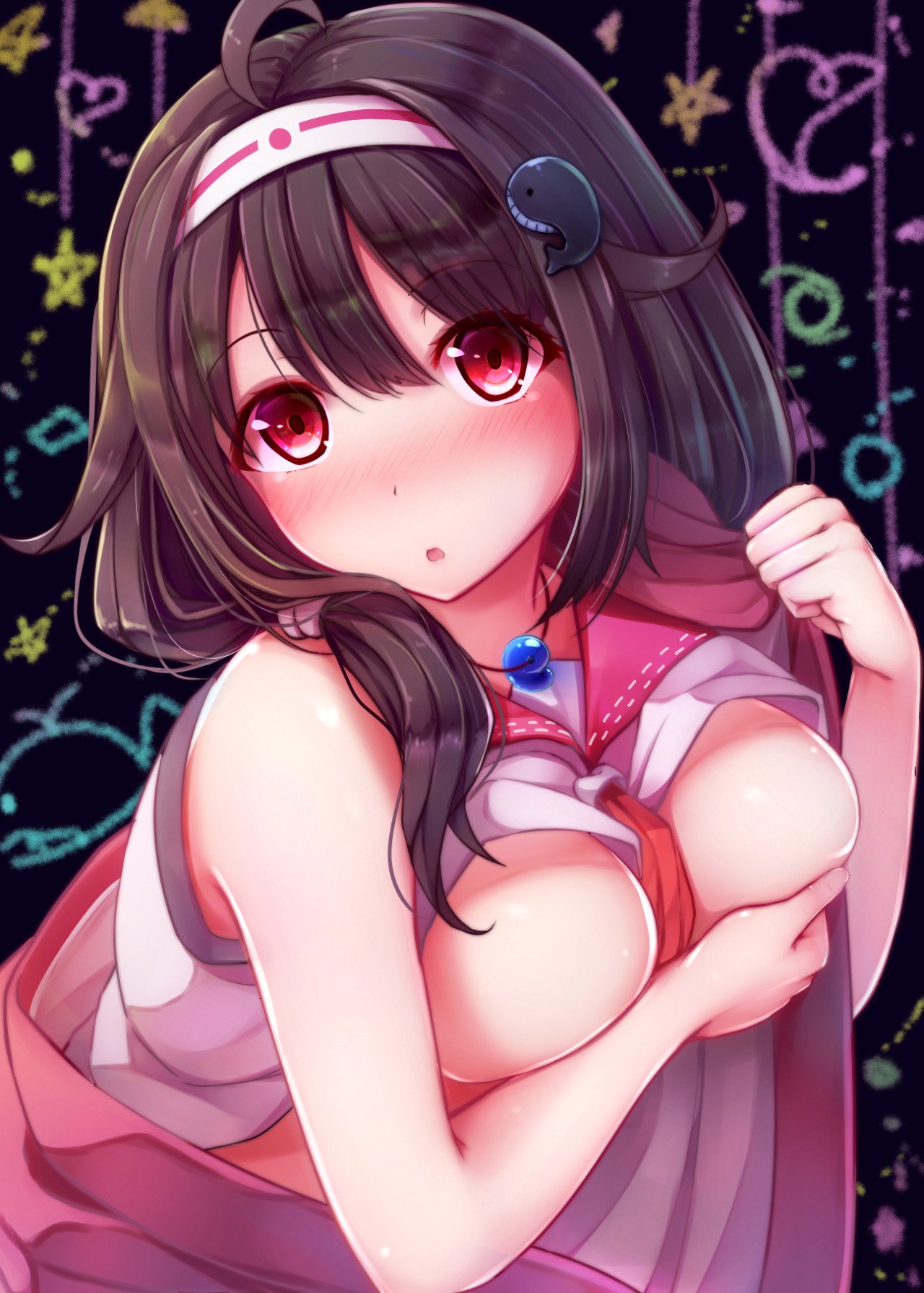 1girl :o armpit_peek bare_arms bare_shoulders black_hair blush breasts covering covering_breasts flipped_hair hair_ornament hair_over_shoulder hairband highres japanese_clothes jewelry kantai_collection kimono large_breasts looking_at_viewer low_ponytail magatama necklace nicoby nose_blush red_eyes ryuuhou_(kantai_collection) sleeveless solo taigei_(kantai_collection) upper_body whale_hair_ornament