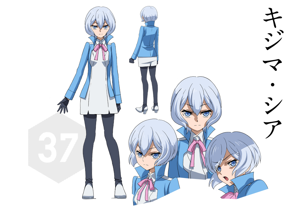 1girl back black_gloves black_legwear blue_eyes gundam gundam_build_fighters gundam_build_fighters_try kanji kijima_shia leggings looking_at_viewer number open_mouth short_hair silver_hair solo stand tongue white_background