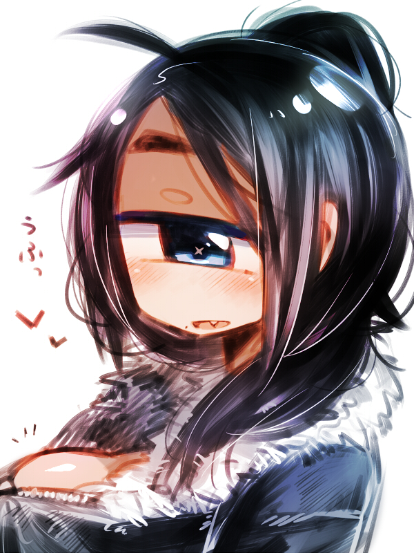 +_+ 1girl ahoge black_hair blue_eyes blush breasts cleavage cyclops fang fur_coat fur_collar hair_bun looking_at_viewer muroku_(aimichiyo0526) one-eyed open_mouth original sidelocks simple_background sketch smile solo upper_body white_background