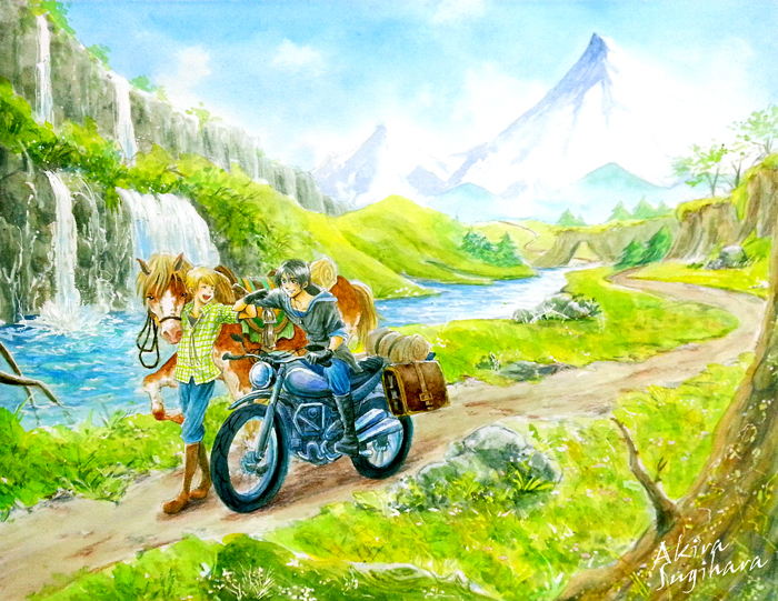 2boys artist_name black_hair blonde_hair blue_sky boots closed_eyes day denim gloves grass ground_vehicle horse jeans knee_boots locked_arms male_focus motor_vehicle motorcycle mountain multiple_boys nature open_mouth original outdoors pants plaid plaid_shirt riding river road rock scenery shirt short_hair short_sleeves sky sleeves_rolled_up smile sugihara_akira traditional_media tree walking water watercolor_(medium) waterfall