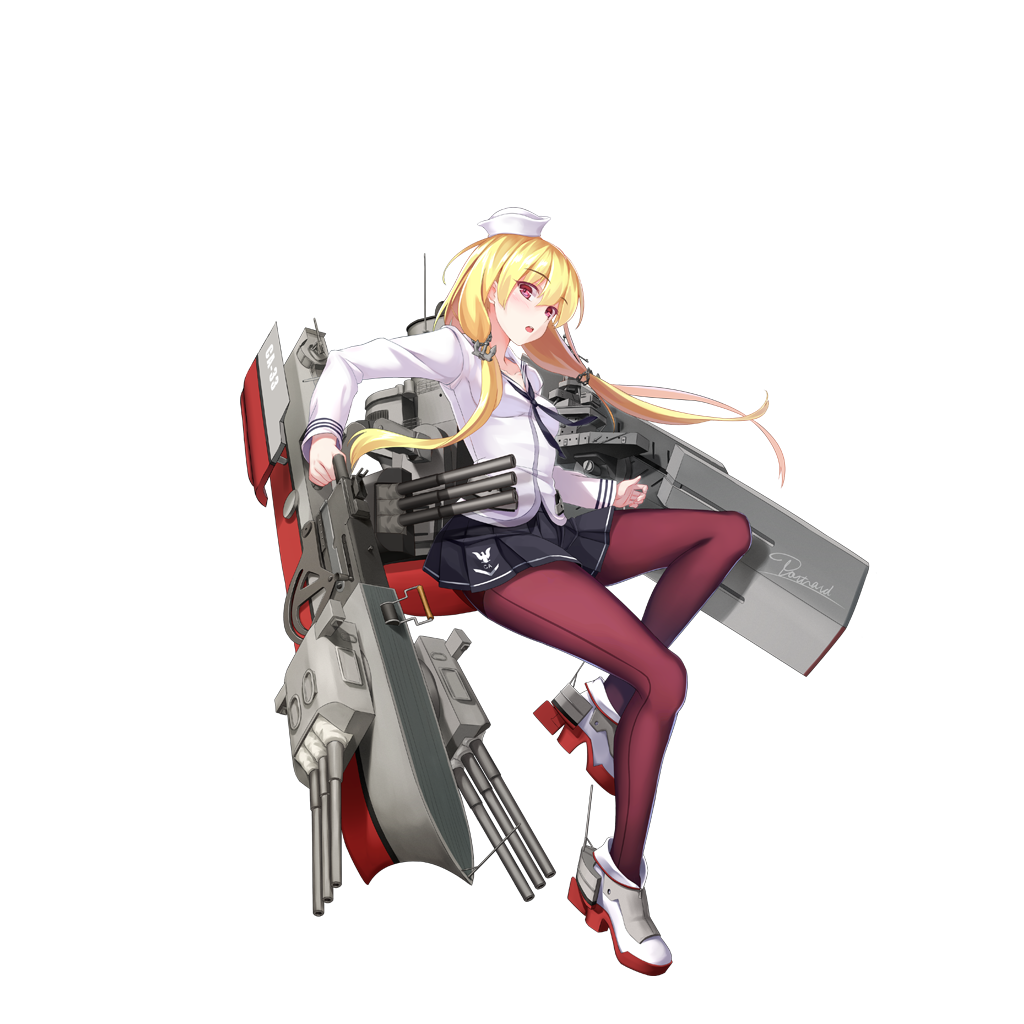 1girl :o anchor anchor_hair_ornament blonde_hair blue_skirt breasts brown_legwear cannon character_name eyebrows eyebrows_visible_through_hair full_body hair_ornament hat jacket long_hair long_sleeves looking_at_viewer looking_to_the_side low-tied_long_hair m1919 machinery official_art open_mouth pantyhose pleated_skirt portland_(zhan_jian_shao_nyu) red_eyes rudder_shoes sailor_hat simple_background skirt small_breasts solo text transparent_background turret white_jacket zhan_jian_shao_nyu zi_se