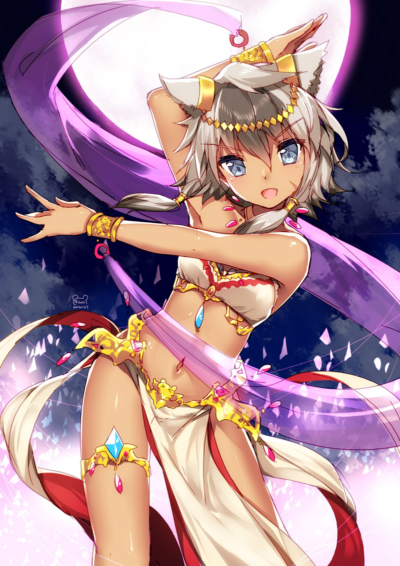&gt;:d 1girl :d alternate_costume animal_ears arm_behind_head arm_up armpits artist_name bangle bare_shoulders bison_cangshu blue_eyes bracelet breasts clouds commentary_request cowboy_shot dancer dancing dark_skin eyebrows eyebrows_visible_through_hair fang gem grey_hair hair_between_eyes jackal_(zhan_jian_shao_nyu) jewelry looking_at_viewer midriff moon multicolored_hair navel necklace night night_sky open_mouth outdoors pelvic_curtain sash scar scar_on_cheek see-through sidelocks sky smile solo tan thigh_strap two-tone_hair zhan_jian_shao_nyu