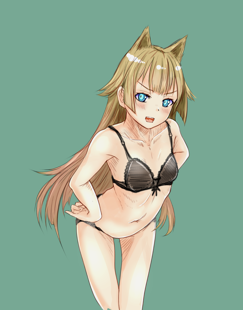 1girl animal_ears arched_back blonde_hair blue_eyes bra breasts collarbone cowboy_shot ewokaku_kitsune extra_ears eyelashes green_background hands_on_hips long_hair looking_at_viewer nipples open_mouth original panties simple_background sketch small_breasts solo underwear underwear_only very_long_hair