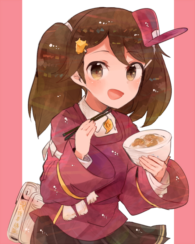 1girl bag black_skirt bowl brown_eyes brown_hair chopsticks derivative_work food itomugi-kun kantai_collection long_sleeves looking_at_viewer open_mouth ryuujou_(kantai_collection) skirt solo twintails visor_cap