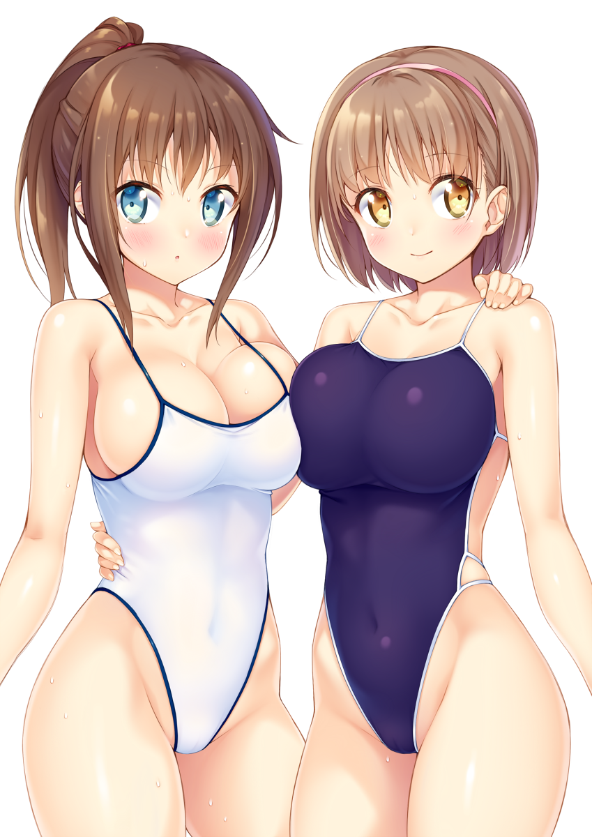 2girls blue_eyes blue_swimsuit blush breasts brown_eyes brown_hair cleavage collarbone competition_school_swimsuit hairband hand_on_another's_shoulder highleg highleg_swimsuit highres ichi_makoto large_breasts long_hair multiple_girls one-piece_swimsuit original ponytail school_swimsuit short_hair simple_background smile swimsuit white_background white_school_swimsuit white_swimsuit yellow_eyes