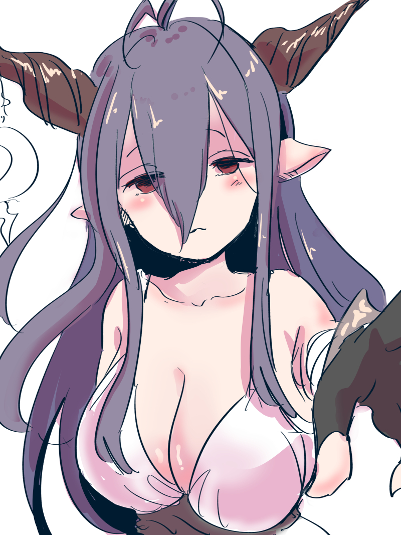 1girl antenna_hair bandaged_arm bandages bangs bare_shoulders black_gloves blush breasts closed_mouth collarbone crescent danua doraf dress empty_eyes eyes_visible_through_hair fingerless_gloves frown gloves granblue_fantasy hair_between_eyes half-closed_eyes horn_ornament horns long_hair looking_at_viewer myouji_namawe outstretched_arm outstretched_hand pointy_ears purple_hair red_eyes simple_background solo underbust upper_body white_background white_dress