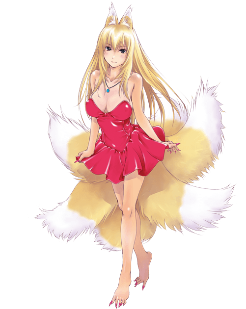 1girl animal_ears bare_legs barefoot blonde_hair breasts cleavage dress fox_ears fox_tail full_body large_breasts long_hair multiple_tails nail_polish red_dress sennen_sensou_aigis skirt smile strapless strapless_dress tail transparent_background