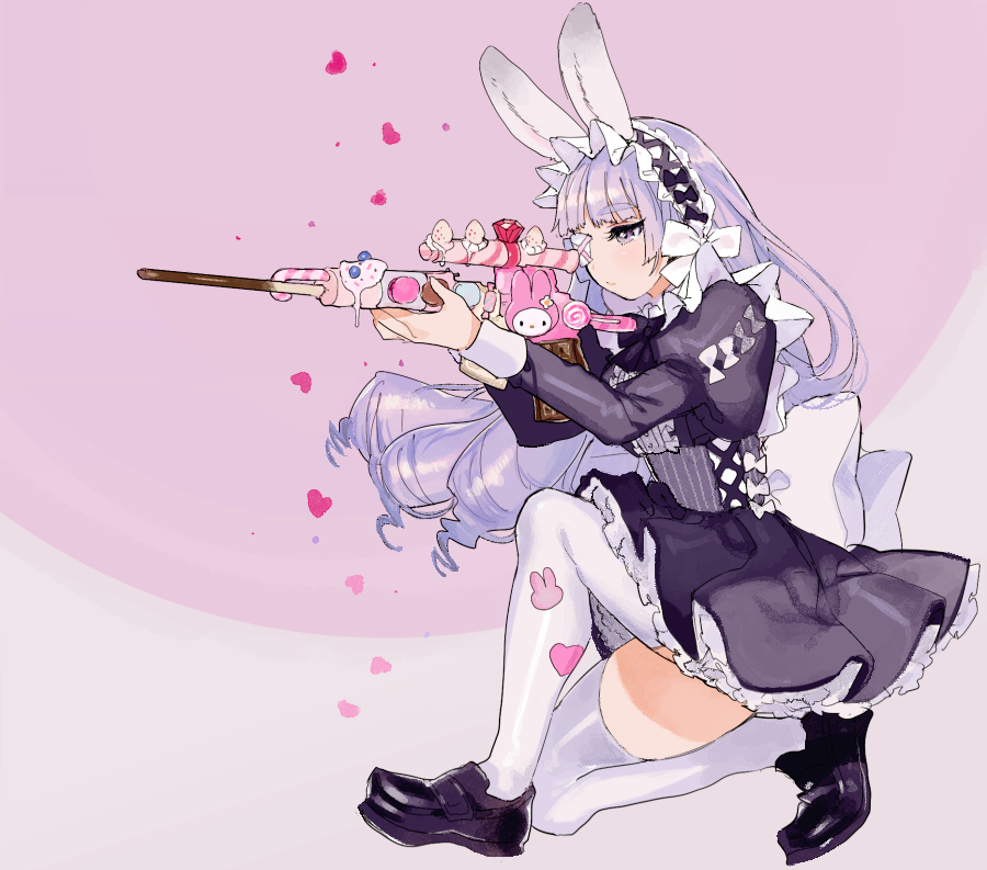1girl aiming animal_ears bangs blunt_bangs bow bunny_print candy commentary_request drill_hair eyepatch food from_side gun heart heart_print ice_cream juliet_sleeves kneeling lavender_background lavender_eyes lavender_hair loafers lollipop long_hair long_sleeves maid_headdress miyako_(xxxbibit) original pocky puffy_sleeves rabbit_ears rifle shoes skirt sniper_rifle solo thigh-highs two-tone_background weapon white_legwear