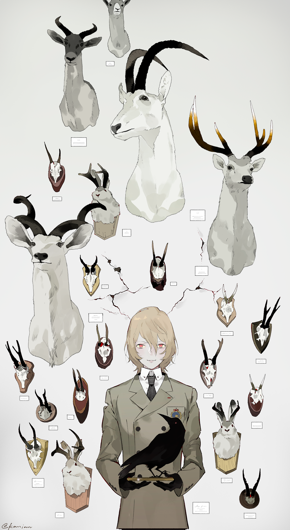 1boy akechi_gorou animal_skull badge bangs black_gloves black_necktie blazer brown_hair bunny_head buttons closed_mouth collared_shirt deer_head dress_shirt gloves grey_background hair_between_eyes highres holding jacket kaninn long_sleeves looking_at_viewer male_focus necktie persona persona_5 raven red_eyes shirt signature smile solo striped striped_necktie taxidermy trophy_head twitter_username upper_body white_shirt