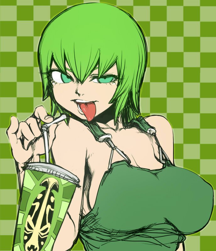 breasts cup foo_fighters green green_eyes green_hair jojo_no_kimyou_na_bouken large_breasts overalls space_jin stone_ocean straw