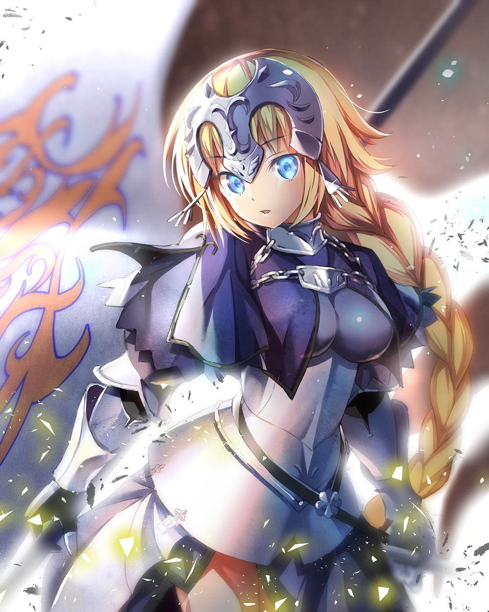 1girl armor armored_dress arms_at_sides bangs belt black_belt blonde_hair blue_eyes blurry_background braid breasts capelet chain commentary_request contrapposto cowboy_shot eyebrows eyebrows_visible_through_hair fate/apocrypha fate/grand_order fate_(series) faulds flag gauntlets head_tilt headpiece highres light_particles long_hair looking_at_viewer loose_belt medium_breasts parted_lips ruler_(fate/apocrypha) single_braid solo standing suishougensou