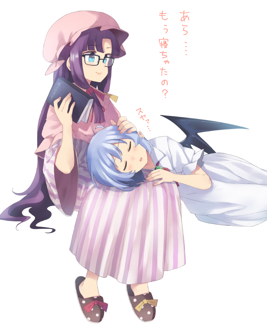 2girls alternate_eye_color anarogumaaa aqua_eyes bat_wings bespectacled capelet dress glasses hand_on_another's_head hat lap_pillow lavender_hair long_hair looking_at_another lying_on_lap mob_cap multiple_girls patchouli_knowledge purple_hair remilia_scarlet short_hair sitting sleeping smile striped touhou translated vampire vertical-striped_dress vertical_stripes white_dress wide_sleeves wings