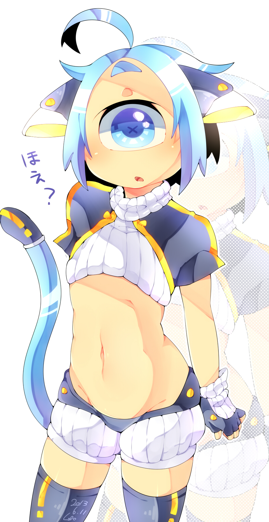 +_+ 1girl 2013 :o ahoge bangs black_legwear blue_eyes blue_hair breasts cowboy_shot cyclops dated fingerless_gloves gloves highres hip_bones mechanical_tail muroku_(aimichiyo0526) navel one-eyed original ribbed_gloves ribbed_shirt ribbed_shorts robot_ears shirt short_sleeves shorts signature simple_background solo surprised swept_bangs thigh-highs translation_request under_boob white_background zoom_layer