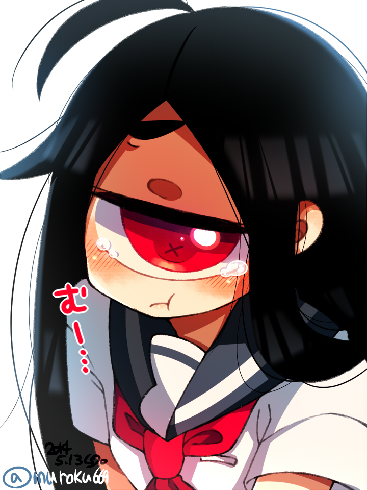 +_+ 1girl ahoge black_hair cyclops face long_hair looking_at_viewer muroku_(aimichiyo0526) necktie one-eyed original portrait pout red_eyes red_necktie school_uniform serafuku short_sleeves simple_background solo tears twitter_username white_background