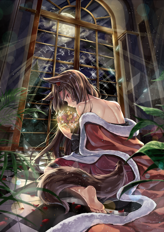1girl animal_ears back bare_shoulders barefoot blurry blush broken_glass brown_hair cape checkered checkered_floor closed_mouth commentary_request crown depth_of_field flower from_behind full_body fur-trimmed_cape fur_trim glass glint glitter glowing holding imaizumi_kagerou indoors kakao_rantan lens_flare light_particles light_rays long_hair long_sleeves looking_at_viewer looking_back moonbeam moonlight night night_sky off_shoulder on_floor petals plant potted_plant profile red_eyes red_rose red_skirt rose rose_petals royal_robe sitting skirt sky soles solo star_(sky) starry_sky tail tile_floor tiles touhou tree upper_body wariza wavy_mouth wide_sleeves window wolf_ears wolf_girl wolf_tail