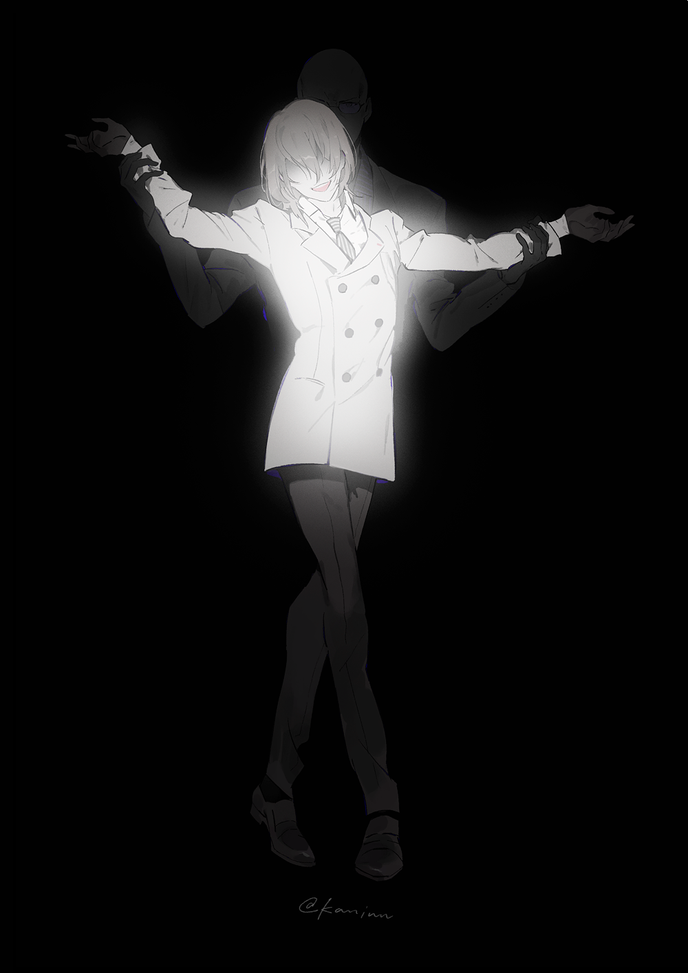 2boys :d akechi_gorou arm_holding bald black_background black_gloves black_legwear black_pants brown_hair character_request collared_shirt crossed_legs double-breasted dress_shirt full_body glasses gloves glowing hair_over_eyes hand_on_another's_arm highres kaninn long_sleeves looking_at_viewer male_focus multiple_boys open_mouth outstretched_arms pants persona persona_5 shaded_face shirt shoes signature simple_background smile socks spread_arms standing twitter_username white_shirt