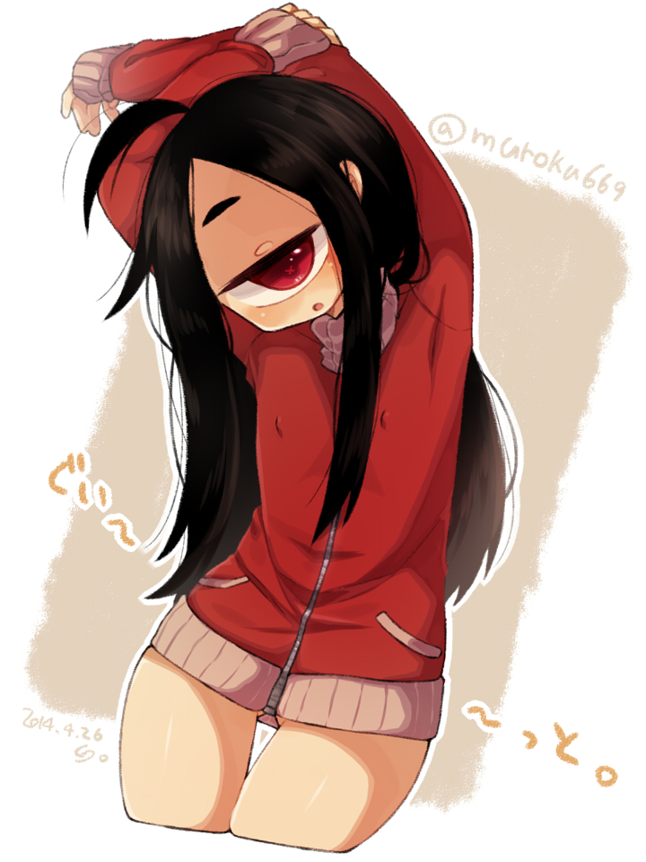 +_+ 1girl ahoge arms_behind_back ass_visible_through_thighs cropped_legs cyclops dated dutch_angle grey_background hood hoodie leaning_to_the_side long_hair looking_at_viewer muroku_(aimichiyo0526) one-eyed original red_eyes signature simple_background solo twitter_username two-tone_background white_background