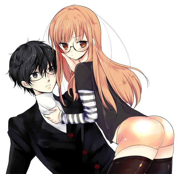 1boy 1girl black_hair brown_hair glasses kurusu_akira looking_at_viewer mushipan persona persona_5 sakura_futaba short_shorts shorts turtleneck