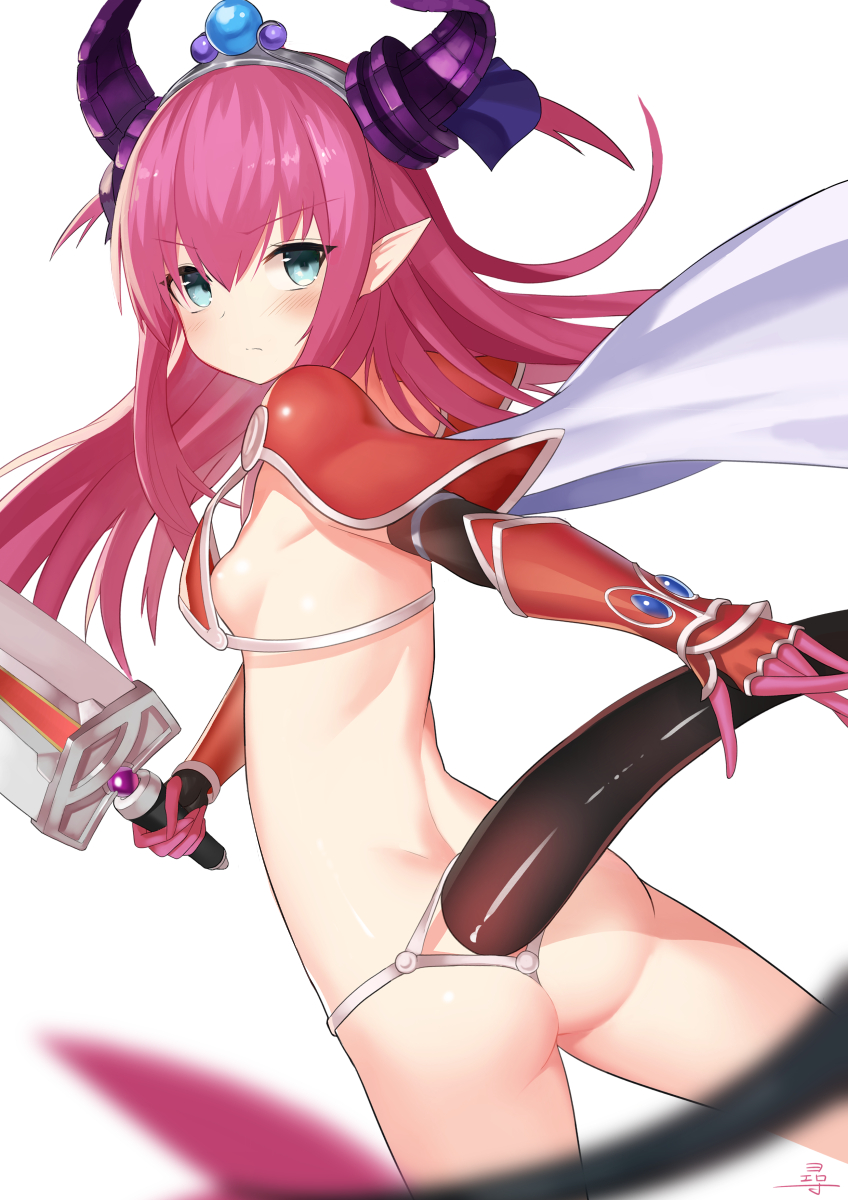 1girl armor ass back bikini bikini_armor blue_eyes blue_ribbon blush breasts cape ccaw commentary_request curled_horns elizabeth_bathory_(brave)_(fate) fate/grand_order fate_(series) from_behind frown hair_ribbon highres holding holding_sword holding_weapon horns lancer_(fate/extra_ccc) long_hair looking_at_viewer looking_back oversized_clothes pauldrons pink_hair pointy_ears red_bikini ribbon small_breasts solo swimsuit sword tail tiara two_side_up vambraces weapon white_cape