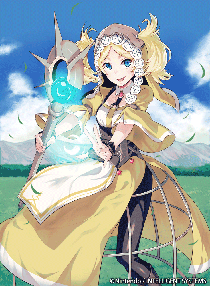 1girl artist_request blonde_hair blue_eyes boots company_connection copyright_name dress fingerless_gloves fire_emblem fire_emblem:_kakusei fire_emblem_cipher gloves holding liz_(fire_emblem) open_mouth pantyhose smile solo staff twintails