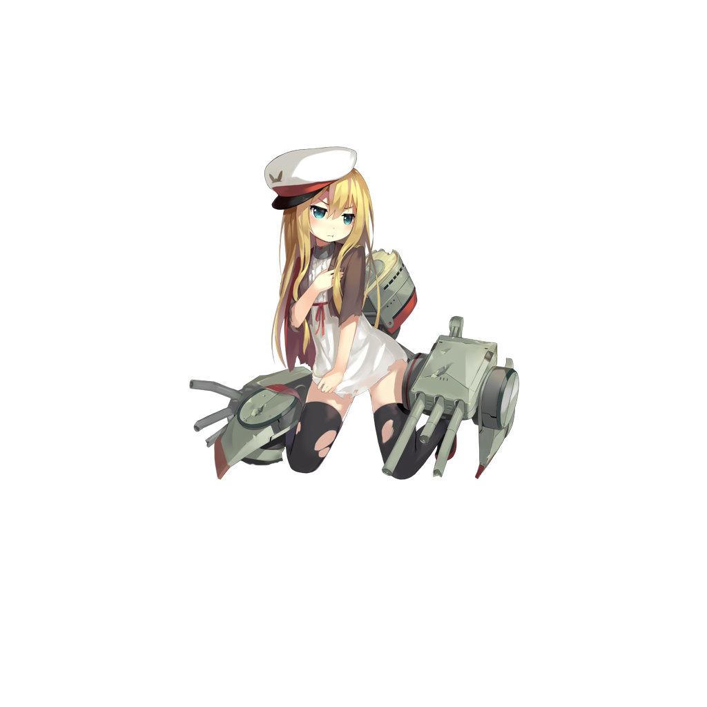 1girl black_legwear blonde_hair blouse blue_eyes broken cannon closed_mouth damaged deutschland_(zhan_jian_shao_nyu) full_body hair_between_eyes hat jacket kneeling lino-lin long_hair looking_to_the_side machinery official_art open_clothes open_jacket peaked_cap pout red_ribbon ribbon solo thigh-highs torn_clothes torn_thighhighs transparent_background turret white_hat zhan_jian_shao_nyu