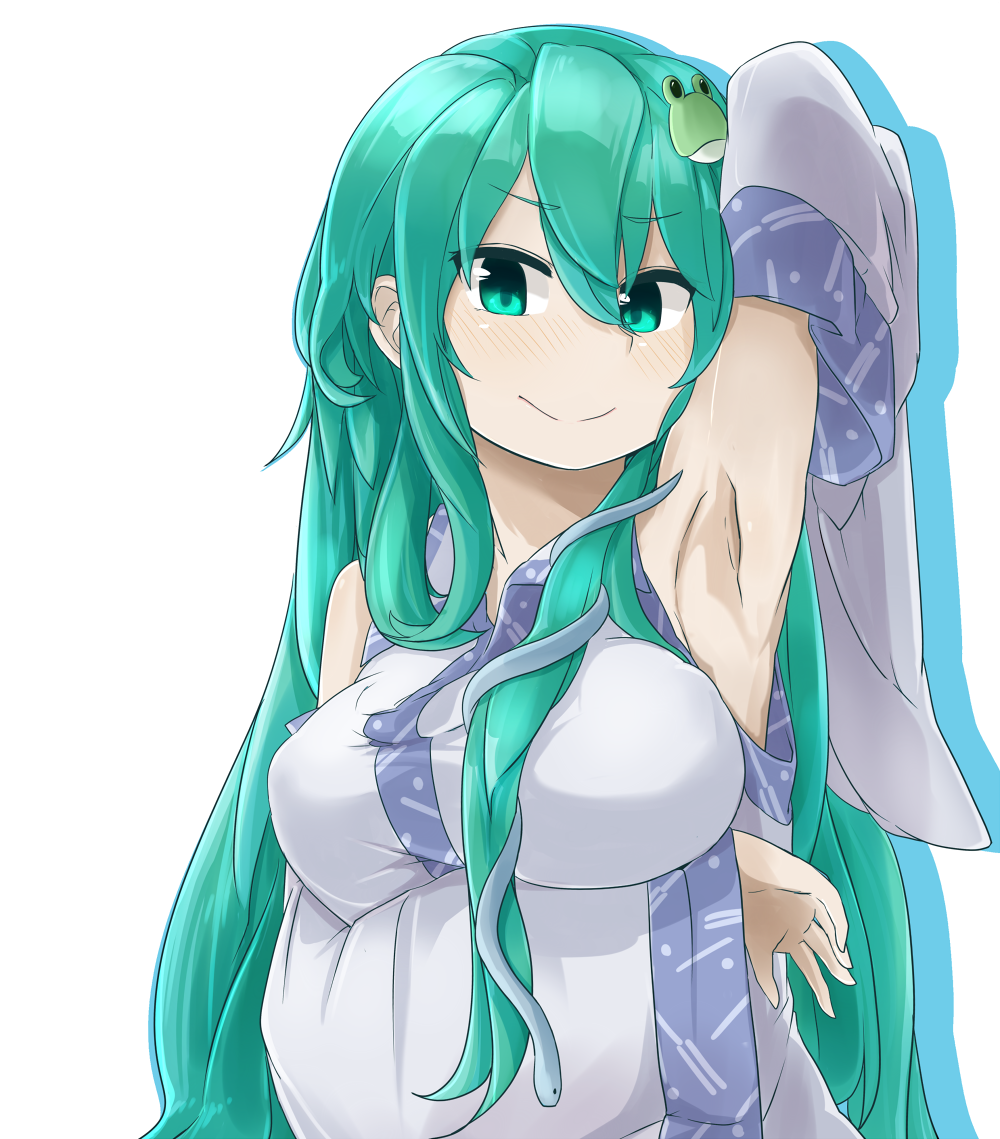 1girl arm_up armpits blush breast_hold breasts colored_eyelashes detached_sleeves eyebrows eyebrows_visible_through_hair frog_hair_ornament green_eyes green_hair hair_ornament kochiya_sanae large_breasts long_hair shirt sleeveless sleeveless_shirt smile snake_hair_ornament touhou tyouseki